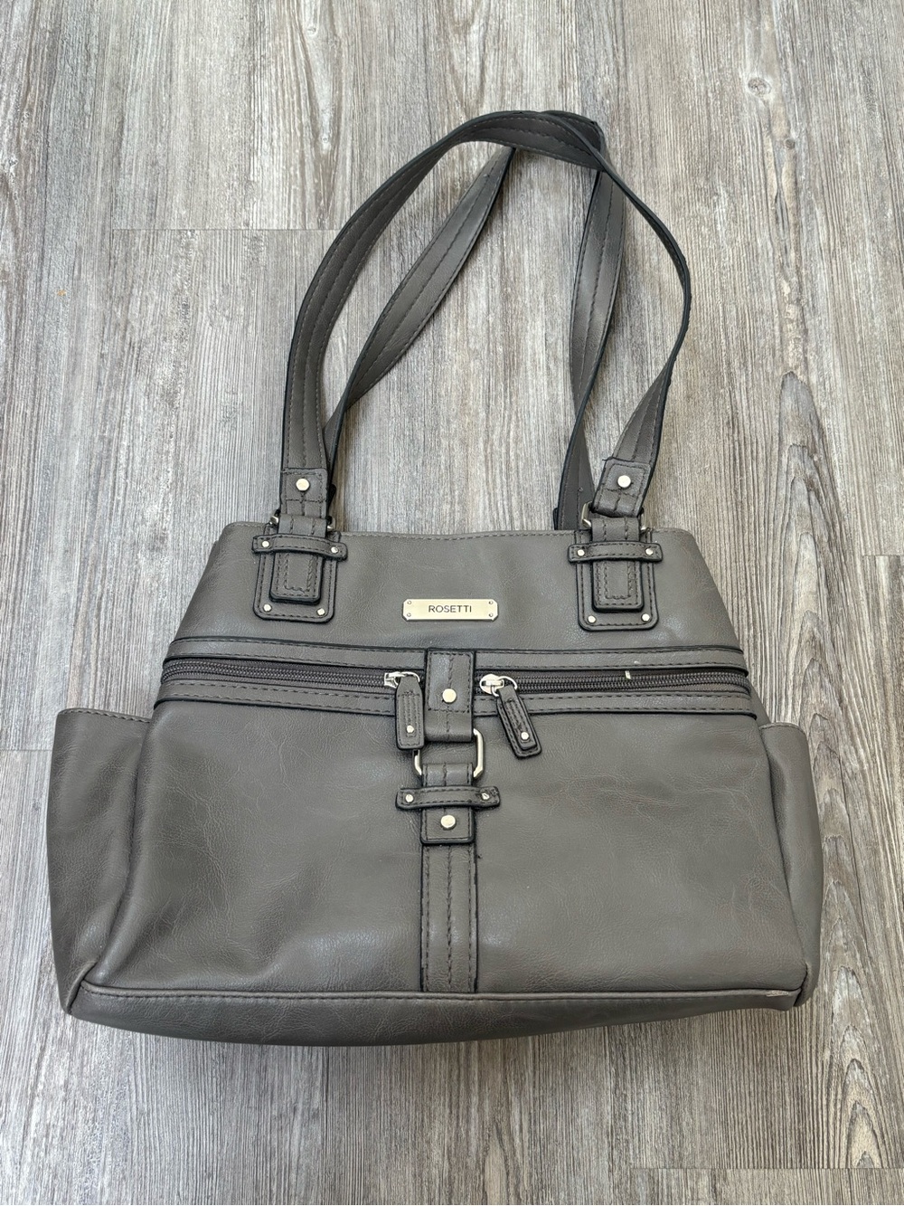 Rosetti Charcoal Gray Double-Handle Shoulder Tote with Front Buckle and Zip